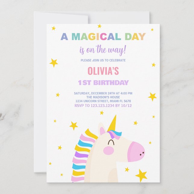 Yellow Stars Unicorn Invitations d'anniversaire (Devant)