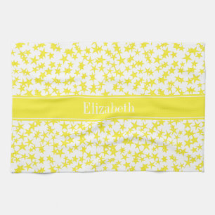 Yellow Stars White BG, Yellow Name Monogram Kitchen Towel
