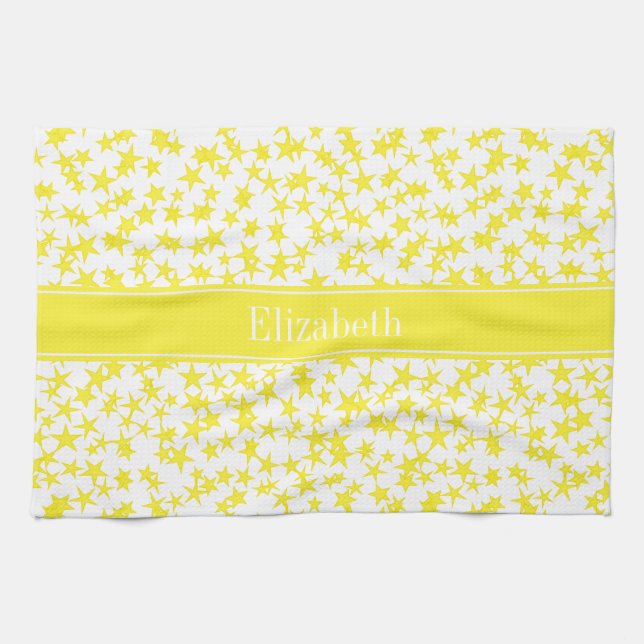 Yellow Stars White BG, Yellow Name Monogram Kitchen Towel (Horizontal)
