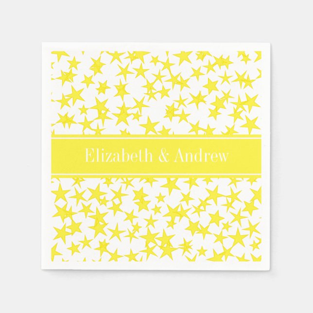 Yellow Stars White BG, Yellow Name Monogram Napkin (Front)