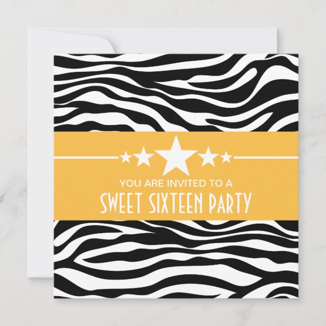 Yellow Stars Zebra Print Sweet 16 Invitation (Devant)