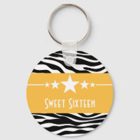 Yellow Stars Zebra Print Sweet 16 Keychain