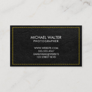 Yellow Stitched Black Leather Background Business Card