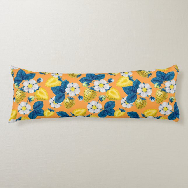 Yellow strawberries on orange body pillow (Front)