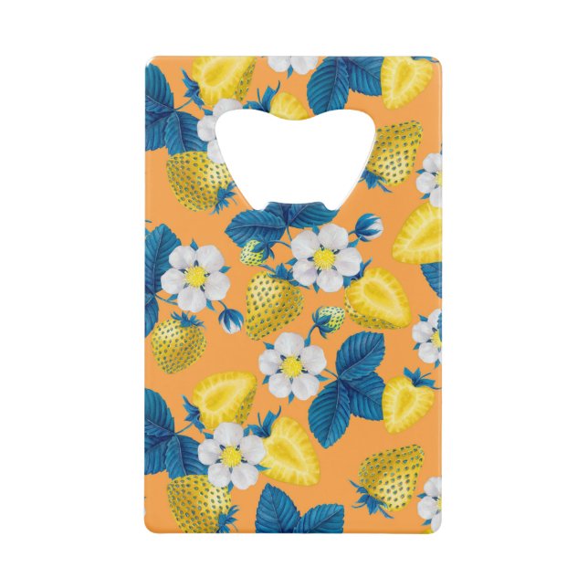 Yellow strawberries on orange credit card bottle opener (Front)