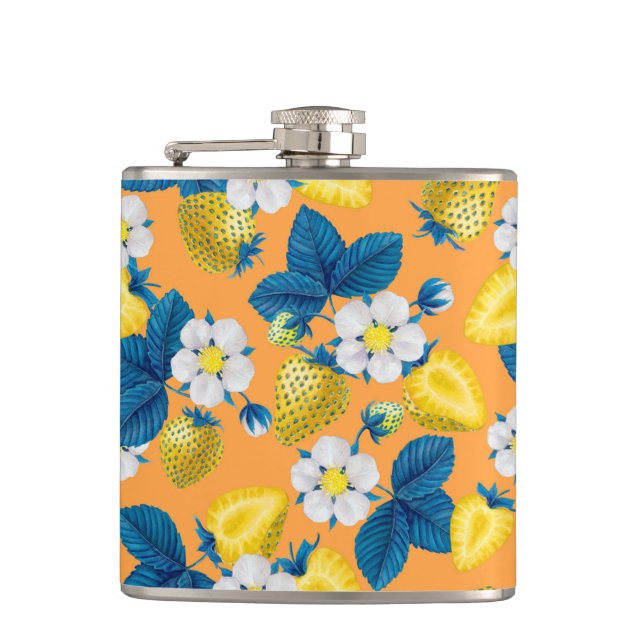 Yellow strawberries on orange hip flask (Front)