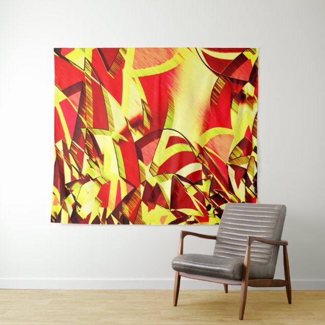 Yellow streaks on red, drizzled image tapestry (In Situ (Horizontal))