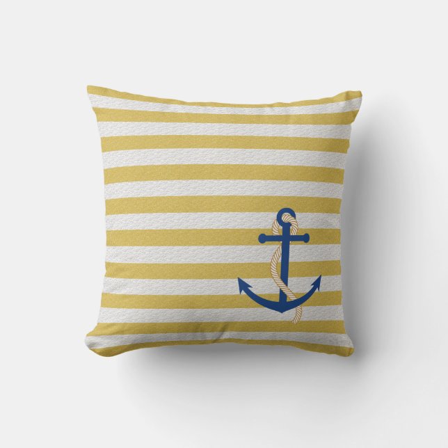 Yellow Strip Nautical Pillow with Blue Anchor (Front)
