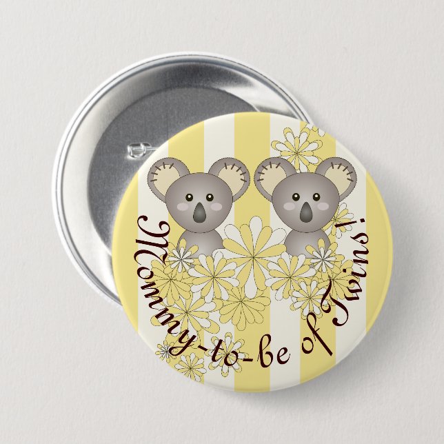 Yellow Stripe Cute Baby Koala Mom-to-be of Twins 3 Inch Round Button (Front & Back)