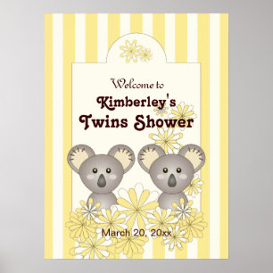 Yellow Stripe Cute Koala Twin Baby Shower Welcome Poster