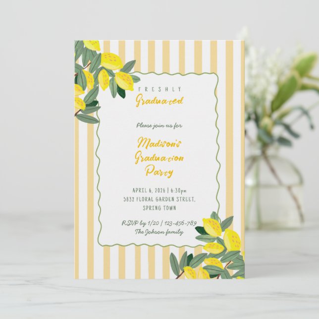 Yellow Stripe Lemon Graduation Party Invitation (Standing Front)