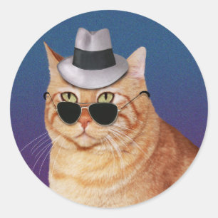 Yellow Striped Cat with Sunglasses and Hat Classic Round Sticker