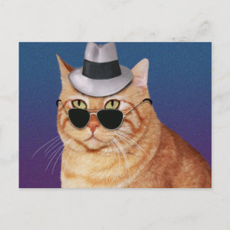 Yellow Striped Cat with Sunglasses and Hat Postcard