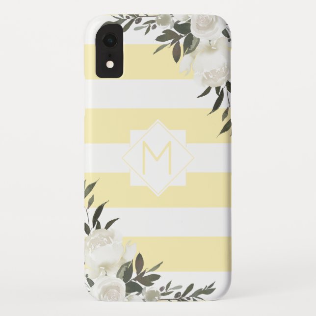 Yellow Striped Floral Monogram with White Roses Case-Mate iPhone Case (Back)