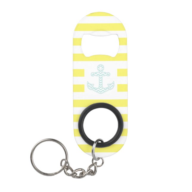 Yellow Striped Nautical Anchor Keychain Bottle Opener (Front)