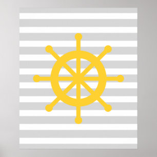 Yellow Striped Nautical Ship Wheel Poster