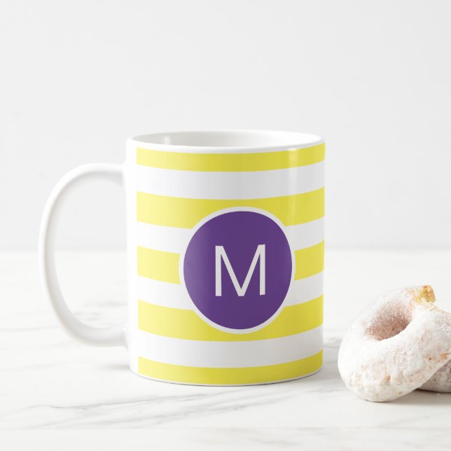 Yellow Striped Purple Monogram (Custom Colours) Coffee Mug (With Donut)