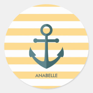 Yellow Stripes and Blue Anchor Classic Round Sticker