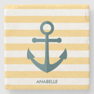 Yellow Stripes and Blue Anchor Stone Coaster