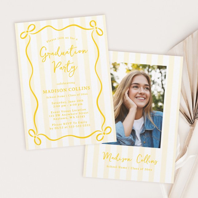 Yellow Stripes Bow Frame Graduation Party Photo Invitation (Creator Uploaded)