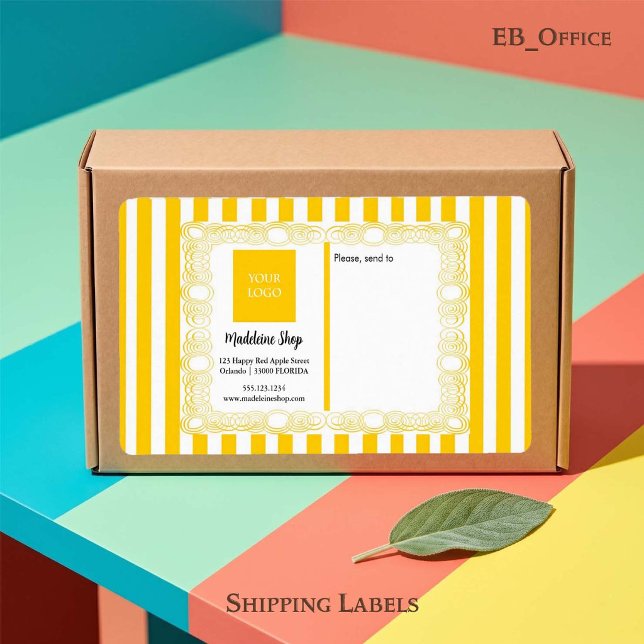 Yellow Stripes & Curly Frame & Logo (Chic Yellow & White Stripes with Logo.
Size: 3.75” L x 2” W - Eight labels per sheet
)