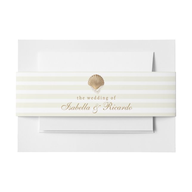 Yellow Stripes & Gold Seashell Coastal Wedding Invitation Belly Band (Front Example)