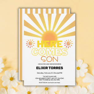 Yellow Stripes Here Comes The Son Baby Shower Invitation