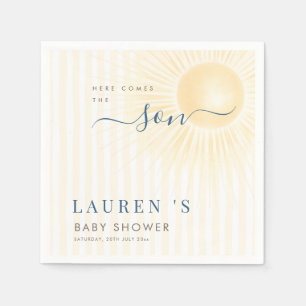 Yellow Stripes Here Comes The Son Sun Baby Shower Napkin