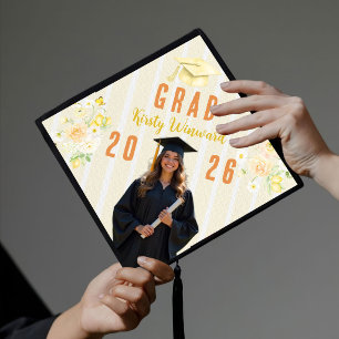 Yellow Stripes Lemons and Flowers Graduation Cap Topper