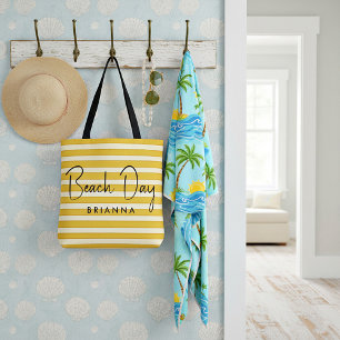 Yellow stripes personalized beach day tote bag