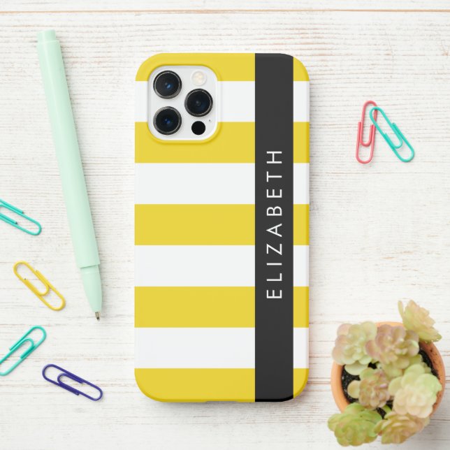 Yellow Stripes, Striped Pattern, Lines, Your Name iPhone Case (On Desk)