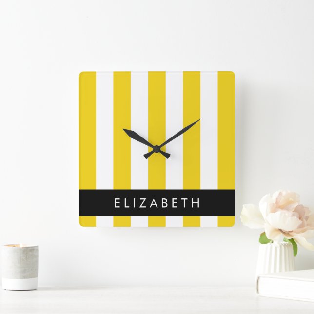 Yellow Stripes, Striped Pattern, Lines, Your Name Square Wall Clock (Home)