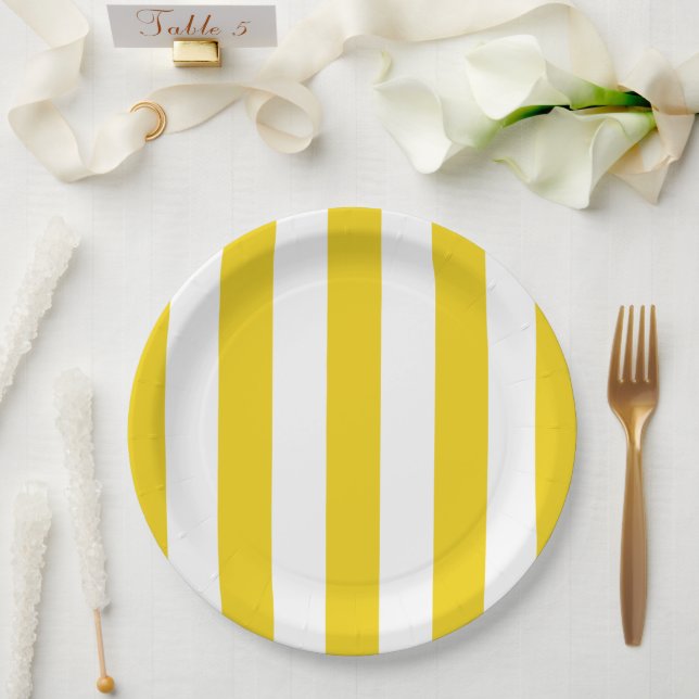 Yellow Stripes, White Stripes, Striped Pattern Paper Plate (Wedding)