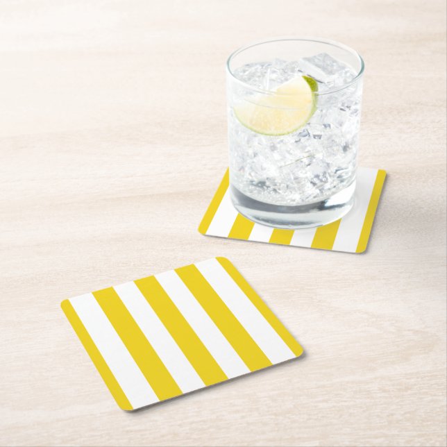 Yellow Stripes, White Stripes, Striped Pattern Square Paper Coaster (Insitu)