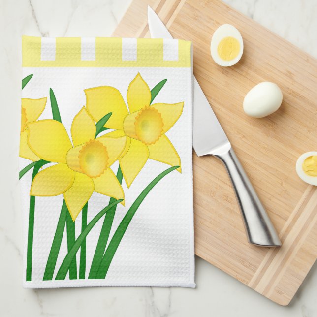 Yellow Stripes with Spring Daffodils Kitchen Towel (Quarter Fold)