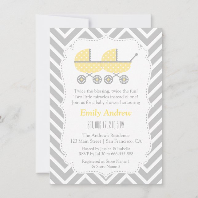 Yellow Strollers Twins Chevron Baby Shower Invites (Front)