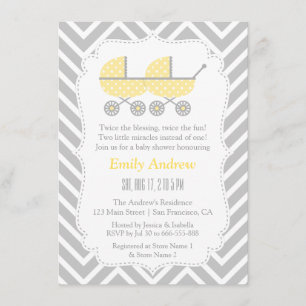 Yellow Strollers Twins Chevron Baby Shower Invites