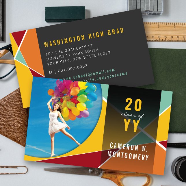 Yellow Stylish Geometric Lines Mod Photo Graduate Calling Card (Yellow Stylish Geo Criss Cross Photo Graduation Calling Card by fat*fa*tin)