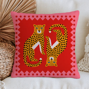 Yellow Stylized Leopards on Red Bold Maximalist  Throw Pillow