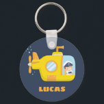 Yellow Submarine Boy Captain Kids Keychain<br><div class="desc">An illustration of a cute boy with a captain hat in a yellow submarine navigating the sea and on adventure! Personalize with boy's name.</div>