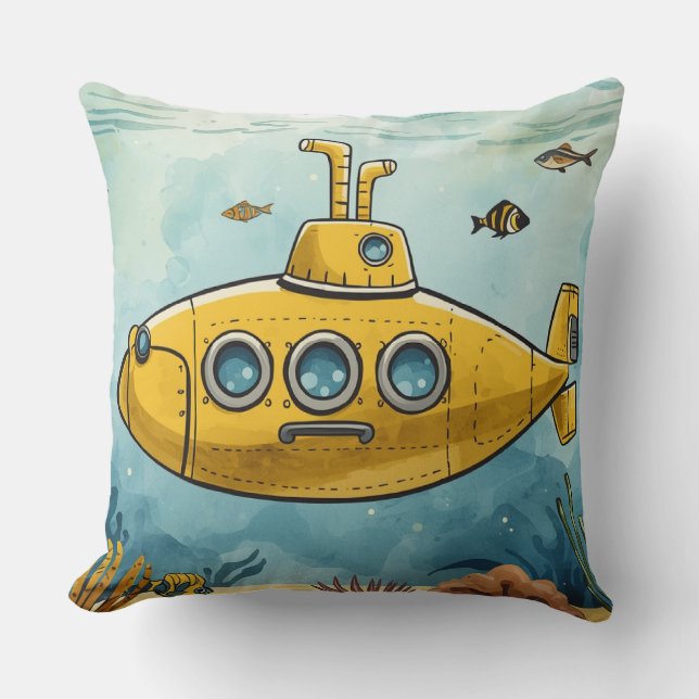 Yellow Submarine Pillow Sea Nautical Illustration (Front)