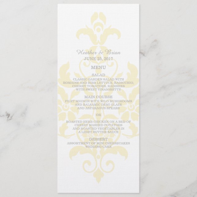 Yellow Subtle Damask Wedding Menu (Front)
