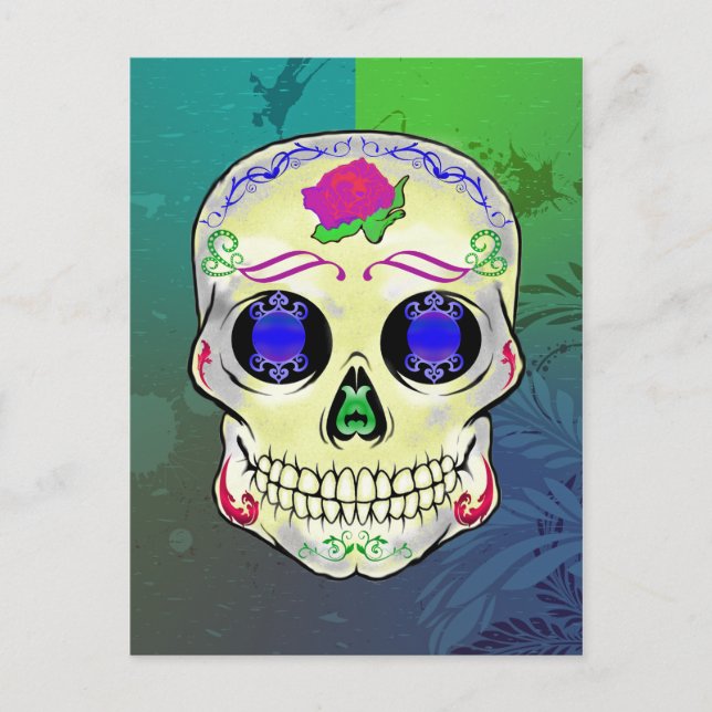 Yellow Sugar Skull with Purple Rose Holiday Postcard (Front)