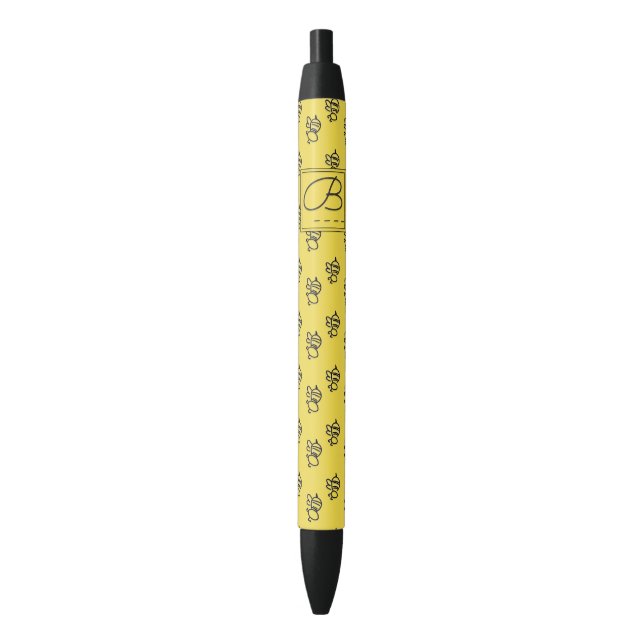 Yellow Summer Bees Monogram Pattern Black Ink Pen (Front Vertical)