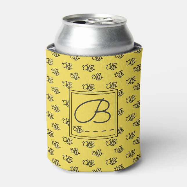 Yellow Summer Bees Monogram Pattern Can Cooler (Can Front)