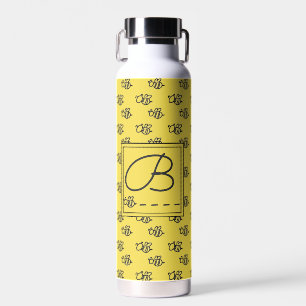 Yellow Summer Bees Monogram Pattern Water Bottle