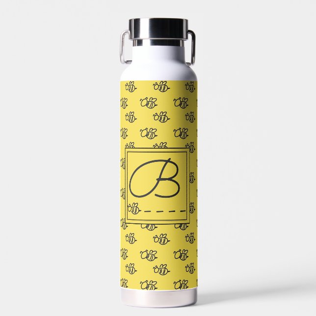 Yellow Summer Bees Monogram Pattern Water Bottle (Front)