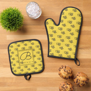 Yellow Summer Bees Pattern Monogram Oven Mitt & Pot Holder Set