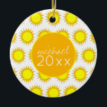 Yellow Summer Sun Sunshine Soak up the Rays Ceramic Ornament<br><div class="desc">Ornament features an original marker illustration of a yellow summer sunshine. Just personalize with your name and date information.

This design is also available on other products. Don't see what you're looking for? Need help with customization? Contact Rebecca to have something designed just for you.</div>