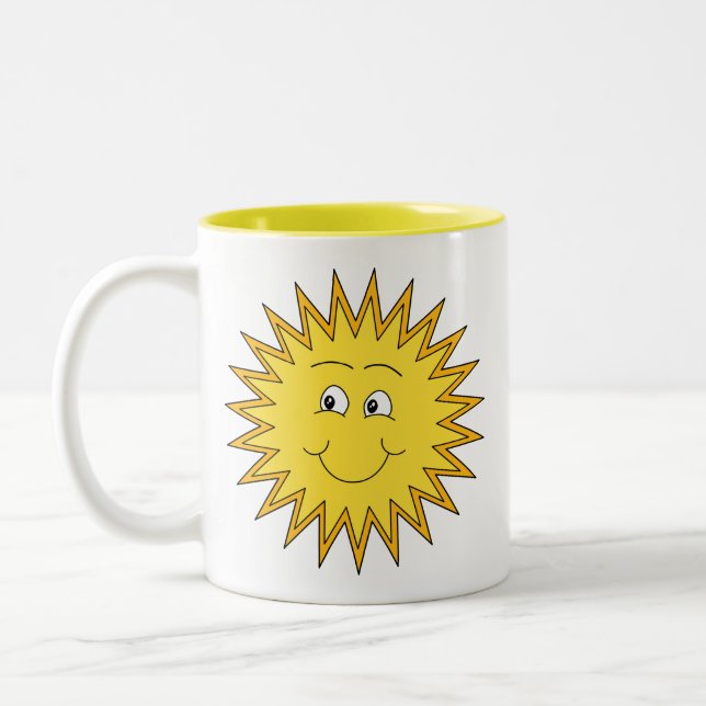 Yellow Summer Sun with a Happy Face. Two-Tone Coffee Mug (Left)